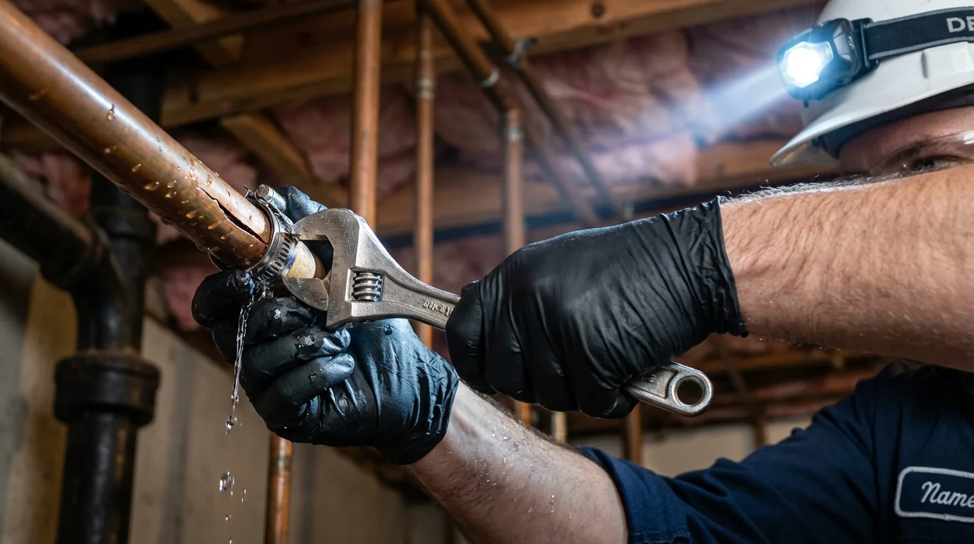 Emergency pipe clamp repair being performed by a Johns Plumbing LLC plumber in Bayfield
